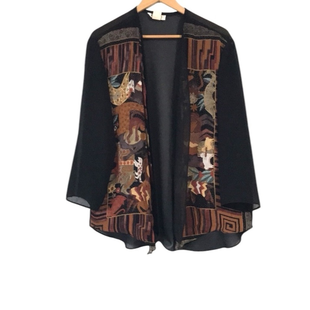 Vintage Fitted semi sheer long sleeve Aztec animal print open cardigan size XXL